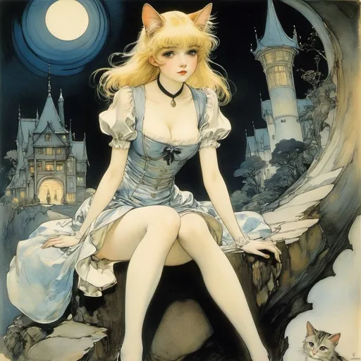 Prompt: Félicien Rops, Arthur Rackham, Herr Seele, Koji Aihara, Rinze Hamstra, Surrealism Mysterious Bizarre Fantastic Fantasy Sci-Fi, Japanese Anime,  Cat Talking of the Twilight, Behind the World, Blonde Miniskirt Beautiful Girl Alice, perfect voluminous body, detailed masterpiece 