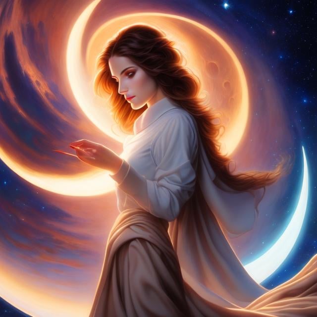 Prompt: Julie Bell, Magali Villeneuve, Surreal, mysterious, strange, fantastic, fantasy, Sci-fi, Japanese anime, beautiful girl in a miniskirt, perfect voluminous body, crescent moon, moonlight realm, traveler only at night, the moon and stars sleeping on earth, hyper detailed masterpiece high resolution definition quality, depth of field cinematic lighting 