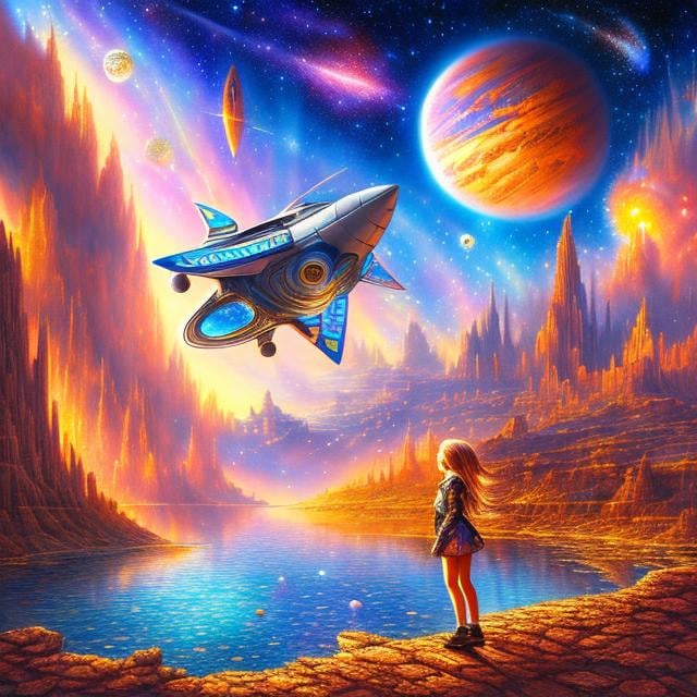 Prompt: John Stephens style, city on mars, spaceship landing, girl on flying scooter, detailed, see galaxy in sky above, sketch and water colour, hyperdetailed high definition high quality high resolution masterpiece