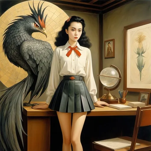 Prompt: Leonora Carrington, Takeo Takei, Eduardo García Benito, Surreal, mysterious, strange, fantastical, fantasy, Sci-fi, Japanese anime, phoenix in the diamond, ore collector's miniskirt beautiful girl, perfect voluminous body, specimen classroom, detailed masterpiece 