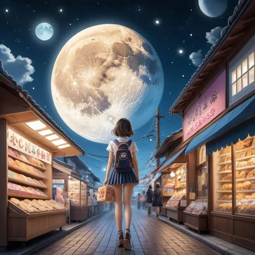 Prompt: Hiroki Kanno, Naoyuki Kato, Eliška Konopiská, František Muzika, Surrealism, wonder, bizarre, bizarre, fantasy, Sci-fi, Japanese,  anime, celestial bodies and machines, tranquility, broom stars roaming around, a candy store selling cookies made from baked pieces of the moon, a fun night world, a beautiful girl in a miniskirt, perfect voluminous body, detailed masterpiece 