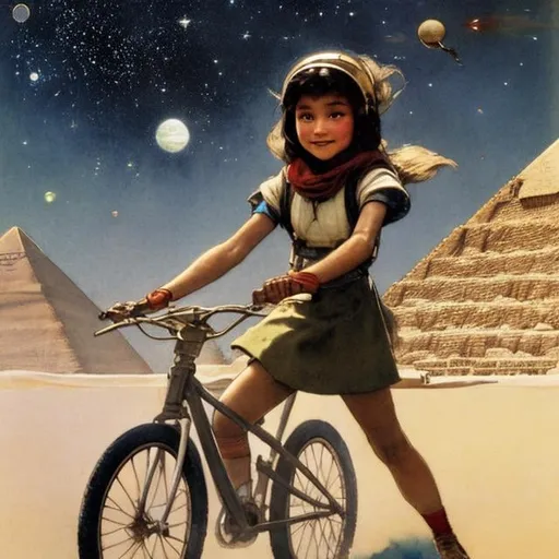 Prompt: Jessie Willcox Smith, Sulamith Wülfing, Kate Greenaway, 　wondrous　strange　Whimsical　Sci-Fi FantasyJapanese high schoolgirl climbing the pyramids of Giza on a bicycle　a beauty girl　solo girl a moon　Milky Way　spacecraft, resolution masterpiece hyper detailed close up to girl