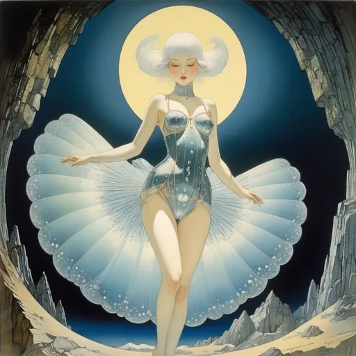 Prompt: Kay Nielsen, Hajime Sorayama, Hans Bellmer, Heikala, Edmund Dulac, Surrealism, mysterious, strange, bizarre, fantasy, Sci-fi, Japanese anime, crystal body, miniskirt beautiful girl, perfect voluminous body, evolution of minerals, dream sleeping underground, detailed masterpiece 