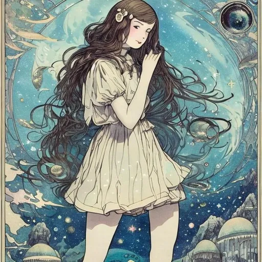 Prompt: Kate Greenaway, Charles Folkard, animesque　surreal　fanciful　wondrous　strange　Whimsical　Sci-Fi Fantasy　Autochthonous dreams　Starry window　A glass plate cut out of outer space　Sea fingers　Super Miniskirt High School Girl