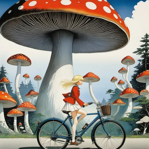 Prompt: Katsuhiro Otomo, Magnus Enckell, Masashi Kudō, Hugo Gerhard Simberg, Kay Nielsen, Surrealism, Mysterious, Weird, Outlandish, Fantasy, Sci-Fi, Japanese Anime, Running Giant Mushroom, Miniskirt Beautiful High School Girl Chasing Mushrooms on a Bicycle, perfect voluminous body, Inside the City, detailed masterpiece 