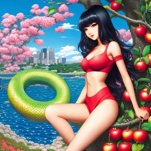 Prompt: Sydney Sime, Japanese anime, Katsuhiro Otomo, manga lines, Eve, solo girl, beautiful face, perfect body tight dress, under apple Tree, holding an apple, huge snake, hyperdetailed, realistic, high resolution, high quality, high definition, masterpiece 