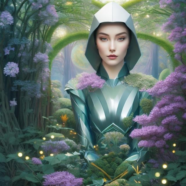 Prompt: Élisabeth Sonrel, Surreal, mysterious, strange, fantastical, fantasy, Sci-fi fantasy, meteor planet, beautiful lady, perfect body, metallic skintight suits, ore drop, representational culture of plants and food, greenhouse, origami mathematics, precious metal ratio, origami and geometry, spiral art, detailed masterpiece 