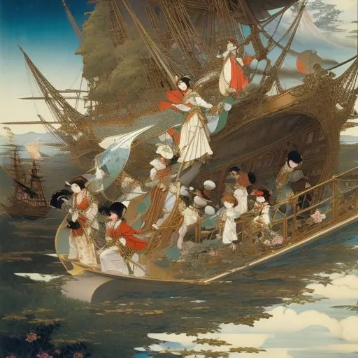 Prompt: Japanese style, Richard Dadd. Japanese Anime, Mysterious Strange Fantastic Absurd Sci-Fi Fantasy Peter Pan and Wendy Flying Children Pirate Ship, hyper detailed high resolution high definition high quality masterpiece, close up to Peter Pan and Wendy