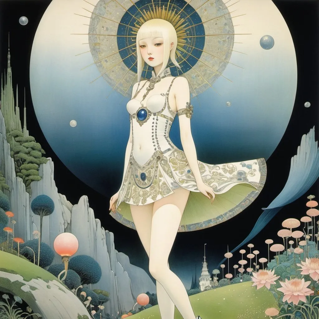 Prompt: Kay Nielsen, Baron Yoshimoto, Surreal, mysterious, strange, fantastical, fantasy, Sci-fi, Japanese anime, Garden of Earthly Delights, train, miniskirt beautiful girl, perfect voluminous body, dice, detailed masterpiece 