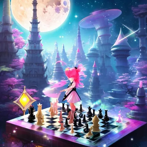 Prompt: Margaret Tarrant, Charles Doyle, Japanese Anime　surreal　fanciful　wondrous　strange　Whimsical　Sci-Fi Fantasy　Chessboard under the moon Chess pieces of geometric solids　Girl Alice