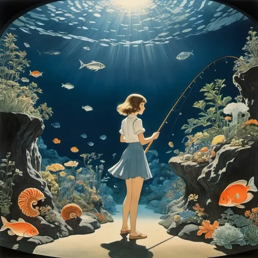 Prompt: Shigeru Tamura, Louis Moe, Elsa Beskow. Ernst Kreisolf, Barbara Yelin, Surrealism, wonder, strange, bizarre, fantasy, Sci-fi, Japanese anime, miniskirt beautiful high school girl fishing for ammonite fossils in the aquarium at night, perfect voluminous body, moonlight dance and surfing octopus, detailed masterpiece 