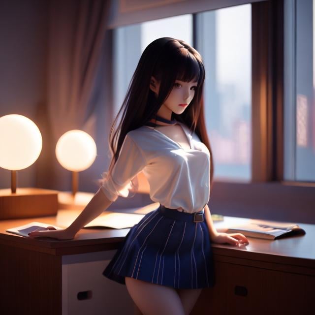 Prompt: Mark Buckingham, Nicholas Roerich, Surreal, mysterious, strange, fantastical, fantasy, Sci-fi, Japanese anime, study space, desk and stationery, writing miniskirt beautiful girl, perfect voluminous body, detailed masterpiece perspectives cinematic lighting sharp focus 