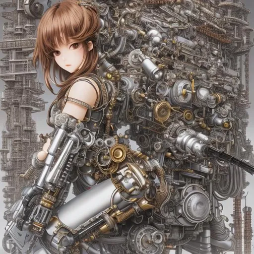 Prompt: Katsuhiro Otomo, Masamune Shirow, Surreal, mysterious, strange, fantastical, fantasy, Sci-fi, Japanese anime, beautiful high school girl in a miniskirt assembling a combat robot, small factory, girl who loves machines, perfect voluminous body, mad scientist, hyper detailed masterpiece, mechanical, cable and tubes, fine lines 