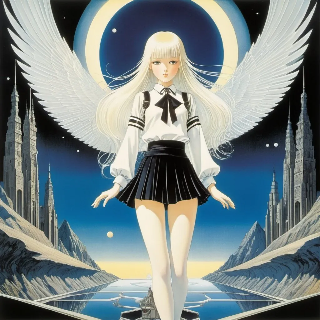 Prompt: Kay Nielsen, Ed Valigursky, Meinrad Craighead, Raoul Hausmann, Sakana Sakatsuki, Surrealism Mysterious Bizarre Fantastic Fantasy Sci-fi, Japanese Anime, Miniskirt Beautiful High School Girl Searching for Dawn, perfect voluminous body, detailed masterpiece 