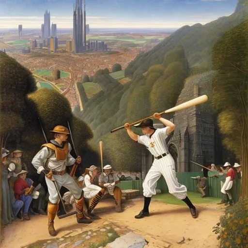 Prompt: Eleanor Fortescue-Brickdale, Anton Pieck, animesque　surreal　fanciful　wondrous　strange　Whimsical　Sci-Fi Fantasy　Of the Baseball　A town where people fall from the sky　Rescue team hitting it back with a bat