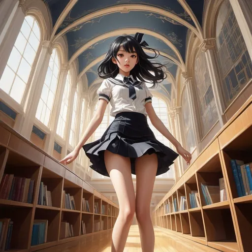 Prompt: Eugène Robert Pougheon, Chica Umino, Surreal, mysterious, bizarre, fantastical, fantasy, Sci-fi, Japanese anime, linear perspective, stacked perspective, aerial perspective, three-point perspective, Gothic, Baroque, Futurism, Modernism, architectural styles of miniskirt beautiful high school girl, perfect voluminous body, flying, detailed masterpiece 