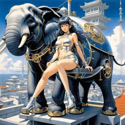 Prompt: Masamune Shirow, Hajime Sorayama, Naoyuki Kato, Hokusai, Sakatauki Sakana, Surrealism Mysterious Weird Fantastic Fantasy Sci-fi, Japanese Anime, Water Transport Elephant Stand, Day/Night Machine, Wheel Elephant Armillary Celestial Pillar (a drive shaft 19 and a half feet long that reaches from the pivot axis to the armchair on the rooftop) is used to drive each part There are two types: the prototype, which uses a chain to drive the armillary, and the modified version, which uses a chain to drive the day and night gear and the armour, beautiful high school girl in a miniskirt. Perfect voluminous body, detailed masterpiece 