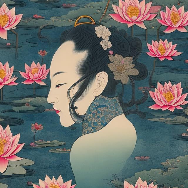 Prompt: Ukiyo-e Style James Jean, Cicely Mary Barker, Anime Mysterious Strange Fantastic Surreal Sci-Fi Fantasy Mask of Flesh and Flesh, All Things, Rubbing Feathers, He Who Bears the Name of Human, Carve Twin Lotuses on the Wall of Blue Fire, of the Great Fire Waiting for the abyss in the distant sky, detailed, high resolution definition quality masterpiece