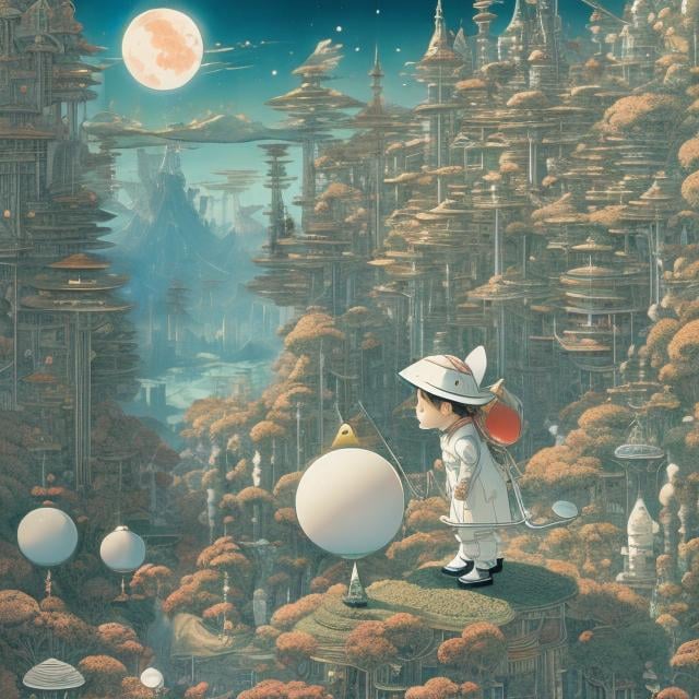 Prompt: Katsuhiro Otomo, Maurice Sendak, Kay Nielsen, Japanese Anime, Surreal Mysterious Weird Fantastic Sci-fi Fantasy Fantasy, Golfing on Moon surface, Girl Alice, Ramen Stall, Cat Playing Golf Standing on Two Legs, Hole in One, hyperdetailed high resolution high definition high quality masterpiece fine lines