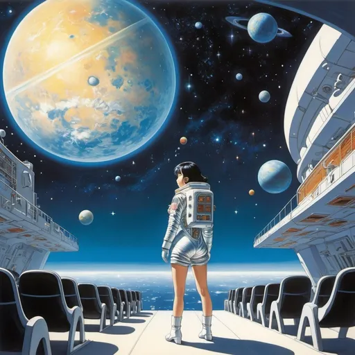 Prompt: Joyce Lankester Brisley, Thomas crane, Eleanor Vere Boyle, Yoshiko Nishitani, Naoko Takeuchi, Yuu Watase, Surrealism, wonder, strange, bizarre, fantasy, Sci-fi, Japanese anime, theater architecture and chairs, microcosm seen from the audience seats, sea of ​​stars, beautiful girl in a space suit, perfect voluminous body, perspectives low high angles 