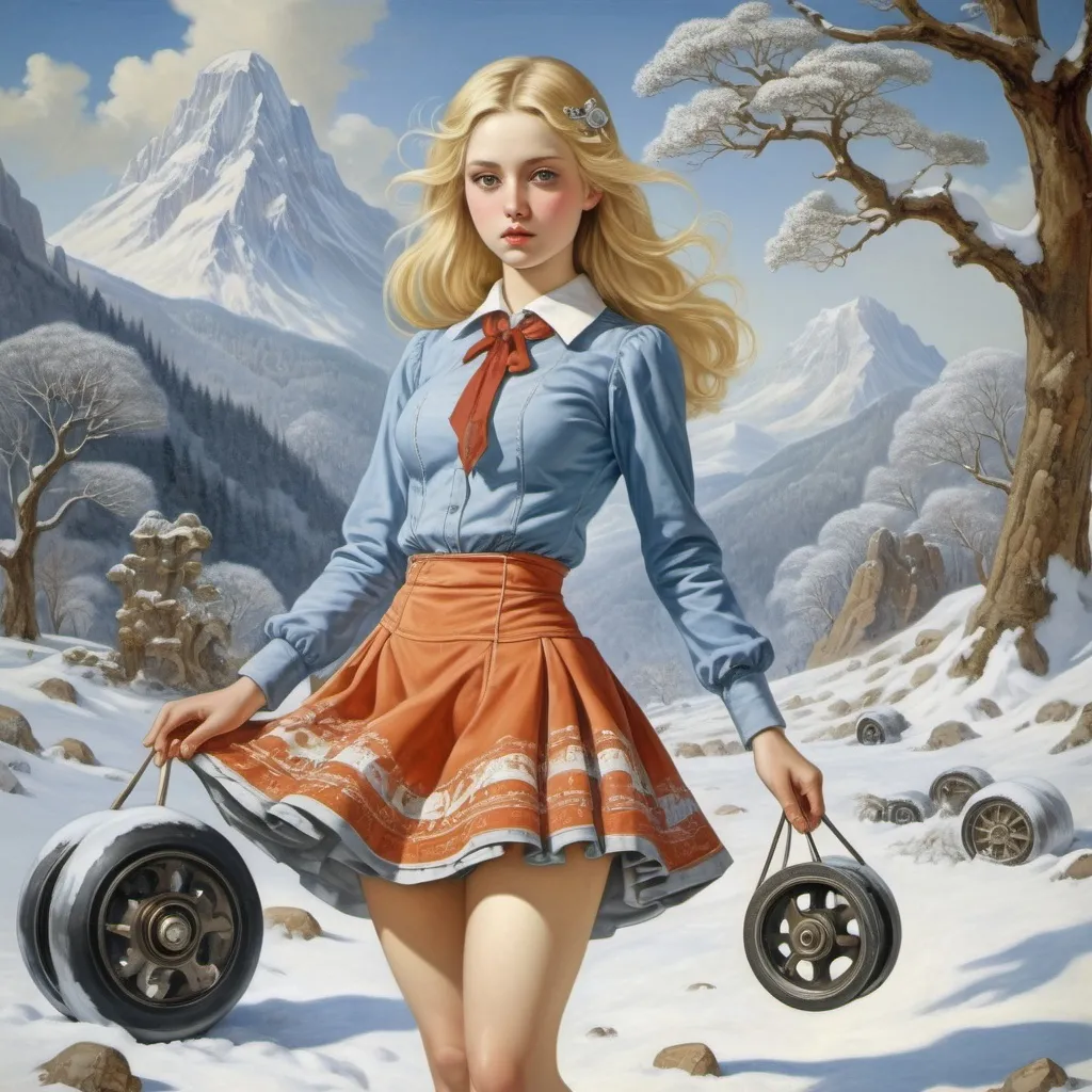 Prompt: Danielle Dufault, Helen Adelaide Wood, Marianne North, Ernst Haeckel, Fernando Neyra Moreta, Surrealism, mysterious, bizarre, fantastical, fantasy, Sci-fi, Japanese anime, medieval perpetual motion, self-rotating wheels and non-equilibrium weights, snow appears as a "mineral", study of the beautiful blonde miniskirt girl Alice, perfect voluminous body, detailed masterpiece scientific drawings 