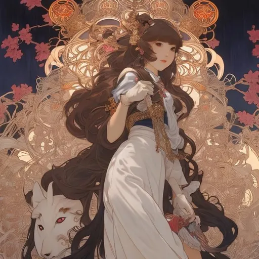 Prompt: James Jean, Alphonse mucha, Japanese anime, Miniskirt high school girl walking with Cerberus in Tokyo at night, hyper detailed high resolution high definition high quality masterpiece 