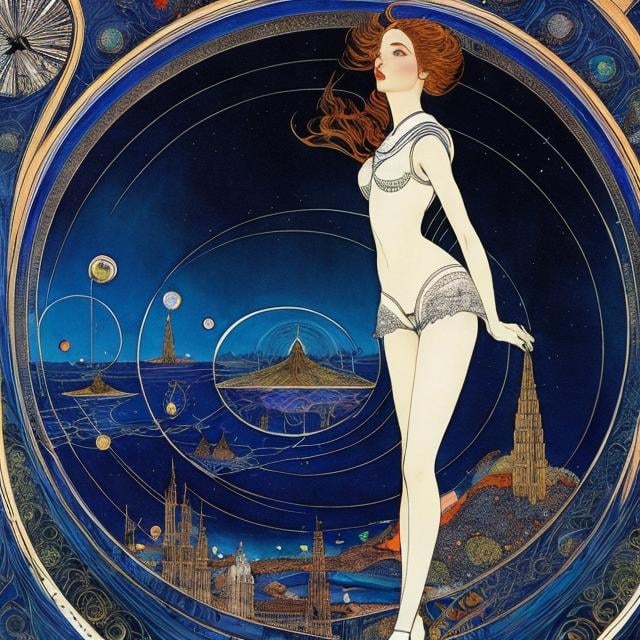 Prompt: Harry Clarke, François Schuiten, Surreal, mysterious, strange, fantastic, fantasy, Sci-fi, Japanese anime, armchair time machine, floating miniskirt beautiful girl, perfect voluminous body, sea, city, spiral clock, detailed masterpiece 