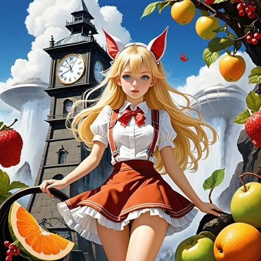 Prompt: Heikala, Nell Brinkley full colours, Surreal, mysterious, bizarre, fantastical, fantasy, Sci-fi, Japanese anime, Alice, the beautiful blonde miniskirt girl with crystal ears, perfect voluminous body, the fruit of the volcano, the clock tower in love, the walking kettle, detailed masterpiece 