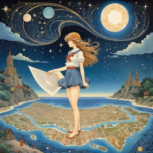 Prompt: Frank Björklund, Ivan Bilibin, Mario Laboccetta, Dorothy P. Lathrop, Milo Winter, Surrealism, strange, bizarre, fantastical, fantasy, Sci-fi, Japanese anime, beautiful high school girl in a miniskirt traveling on a map, perfect voluminous body, paper people, beach of star sand, starry sky of words, detailed masterpiece 