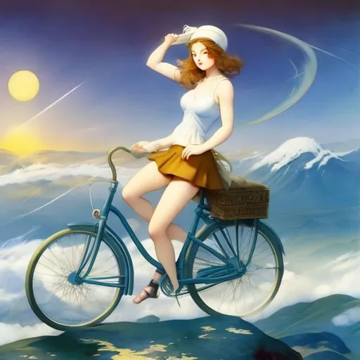 Prompt: Margaret Tarrant, Kate Greenaway, Frank Frazetta, Surreal, mysterious, strange, fantastical, fantasy, Sci-fi, Japanese anime, time travel on paper, library without walls, shoes, ships, and wax seals, miniskirt beautiful girl on a bicycle trip, perfect voluminous body, sweating wet, detailed masterpiece 