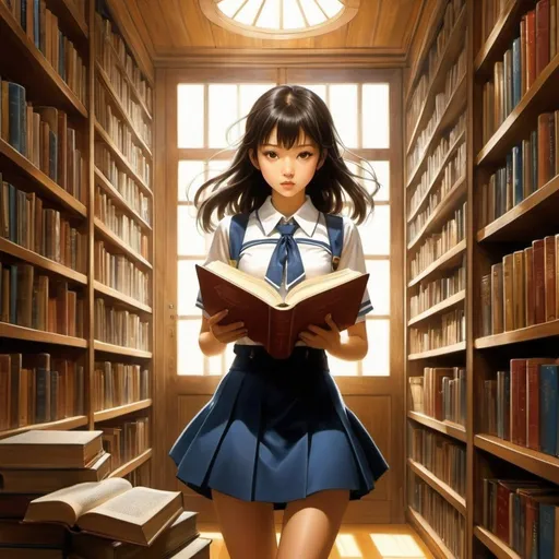 Prompt: Patrik Antczak, Marcel Janco, Fiona Lumbers, Heinz Edelmann, yoshitaka Amano, Surrealism, wonder, strange, bizarre, fantasy, Sci-fi, Japanese anime, the light of books illuminates the world, a beautiful high school girl in a miniskirt opens a huge illustrated book, a paper library, perfect voluminous body, detailed masterpiece 