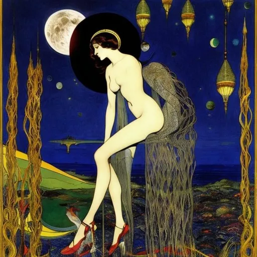 Prompt: Harry Clarke, Giorgio de Chirico, Surreal, mysterious, strange, fantastical, fantasy, Sci-fi, Japanese anime, the sea and beautiful girl in a glass bottle on the moon, perfect body, detailed masterpiece 