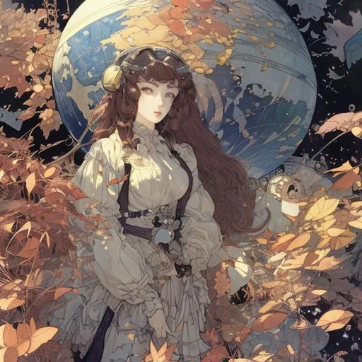 Prompt: Syd Mead, John Bauer, Daphne Allen, Freda Mabel Rose, Hester Margetson, Japanese anime, Autumn leaves, Celestial globe, solo girl, sinking solar system, moving to another world, hyperdetailed high resolution high quality high definition masterpiece 