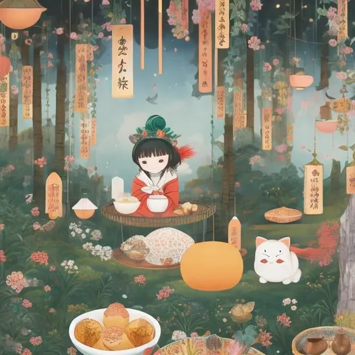 Prompt: Kate Greenaway, Anne Anderson, Mabel Attwell, Japanese Anime, Surreal Mysterious Bizarre Fantastic Sci-Fi Fantasy, Festivals and Meals, Kagami Mochi and Zoni, Ikemitama, Setsubun, Otoso, Nanakusa, Kusamochi, Tanabata, Moon Viewing, Dango, Five Elements Thought, Mikoshi, Kagura, Beautiful girl, vibrant colors, masterpiece, sharp focus, best quality, depth of field, cinematic lighting, detailed, high resolution definition quality,