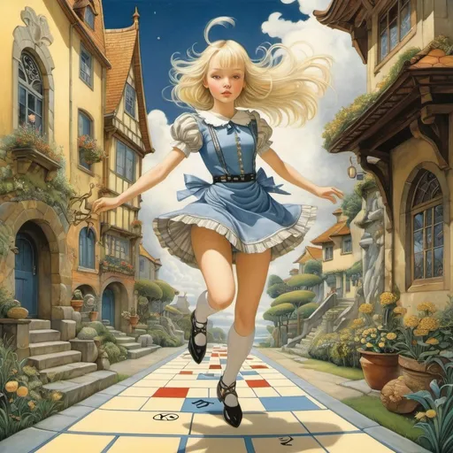 Prompt: Adrienne Segur, Kay Nielsen, Ihor Tokaruk, Maurice Sendak, David Woodland, A E Marty, Surrealism, wonder, strange, fantastical, fantasy, Sci-fi, Japanese anime, architectural games, topography, beautiful blonde miniskirt girl Alice playing hopscotch, perfect voluminous body, detailed masterpiece dynamic action poses 