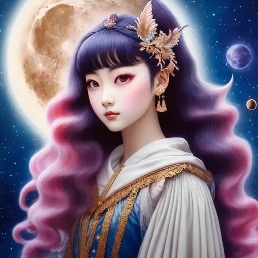 Prompt: Satsuki Igarashi, Evelyn De Morgan, Dadaism, wonder, strange, fantastical, fantasy, sci-fi, Japanese anime, the moon has stopped moving, a beautiful high school girl climbs a ladder to the moon and repairs it, perfect voluminous body, detailed masterpiece 