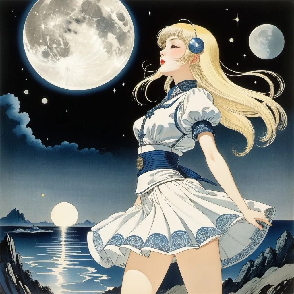 Prompt: Kay Nielsen, Utagawa Kuniyoshi, Aldo Mario Aroldi, Kiyohara Tama, Rupert Lee, Surrealism Mysterious Weird Fantastic Fantastic Sci-fi, Japanese Anime, How to Drink and Catch the Moon, World of Playing in the Moon, Beautiful Blonde Miniskirt Girl Alice, perfect voluminous body, detailed masterpiece 