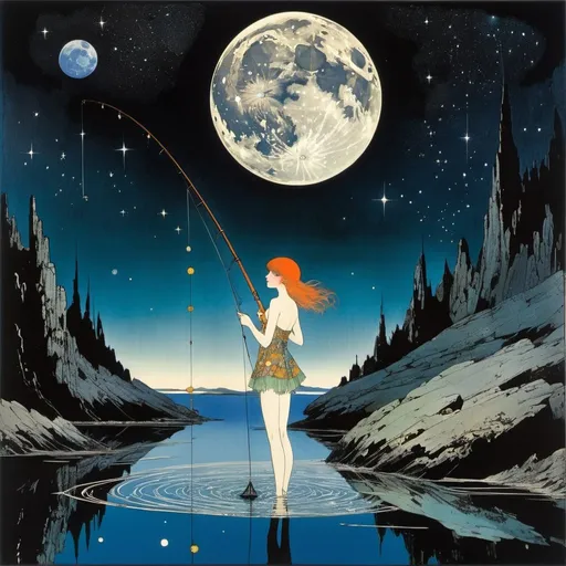 Prompt: Harry Clarke,Jon Whitcomb, Surreal, mysterious, strange, fantastical, fantasy, Sci-fi, Japanese anime, beautiful girl fishing on the moon, swimming in the stars, perfect voluminous body, detailed masterpiece 