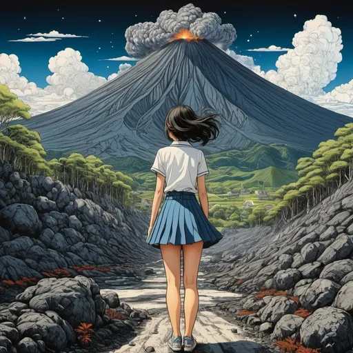 Prompt: Yuko Shimizu, Stevan Dohanos, Lebbeus Woods, Fabrizio Clerici, Josef Čapek, Surrealism, wonder, strange, fantastical, fantasy, Sci-fi, Japanese anime, blueprints and cross-sections of erupting volcanoes, perspective, free research during summer vacation, beautiful high school girl in miniskirt, perfect voluminous body, detailed masterpiece dynamic action angles low high 