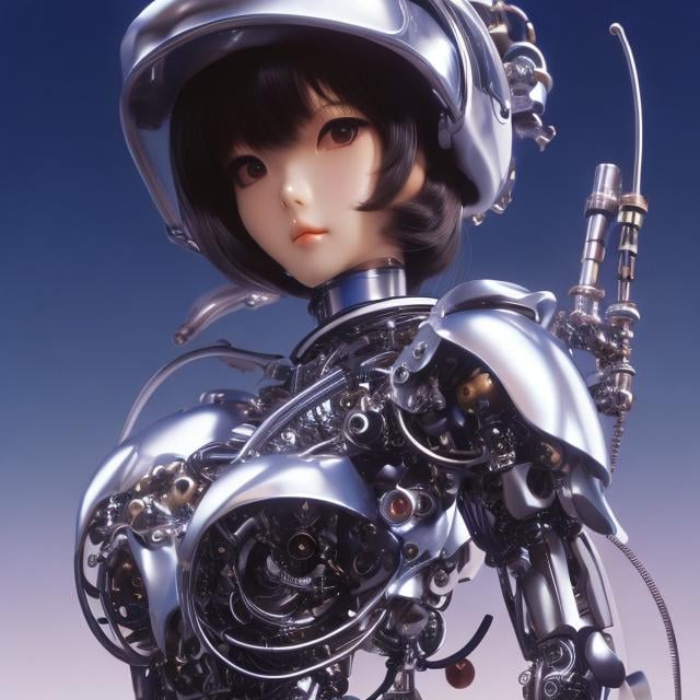 Prompt: Katsuhiro Otomo, Masamune Shirow, Frank Pape, Jean Giraud, Japanese anime,Mechanical girl, sweet beautiful face, shirt haired, perfect body style, part mechanical skin, part human, mechanical joints. Tubes attached, thin skintight, voluminous body, front angled, emphasize curves and shapes of body, hyper detailed, high resolution definition quality masterpiece, depth of field, focus. Cinematic lighting, mechanics and machines background, realistic 