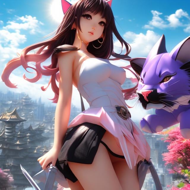 Prompt: Tiger Tateishi, Masamune Shirow, Surreal, mysterious, strange, fantastical, fantasy, Sci-fi, Japanese anime, origami time machine, folding and expanding time, time travel miniskirt beautiful girl, perfect voluminous body, playing with cats. Detailed masterpiece 