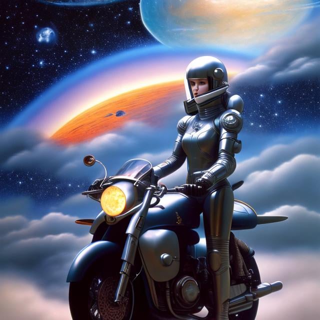 Prompt: Jim Burns, Charles Doyle, Surreal, mysterious, strange, fantastical, fantasy, Sci-fi, Japanese anime, lady in a rider suit riding a motorcycle, galaxy, clouds, moon, planets, detailed masterpiece 