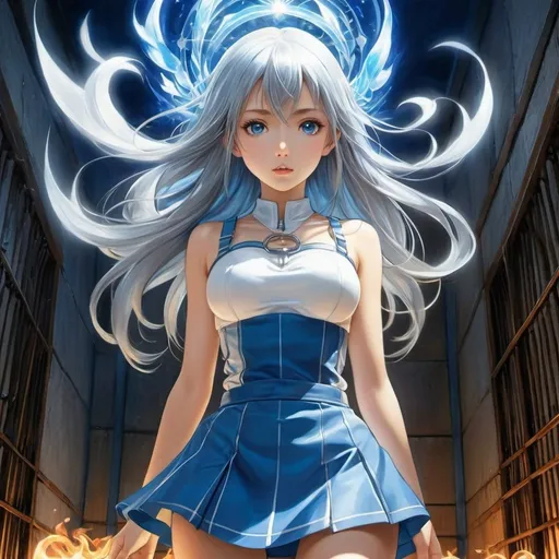 Prompt: Henryk Plociennik, Thomas Kidd, Surreal, mysterious, strange, fantastical, fantasy, sci-fi, Japanese anime, the singing voice of blue-silver flames, a miniskirt beautiful girl who is protecting her dream longer than life in a prison, perfect voluminous body, shedding her glass shell, detailed masterpiece 