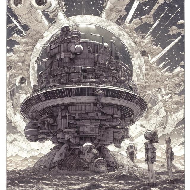 Prompt: 　Katsuhiro Otomo style, manga lines, detailed, sci-fi fantasy, surreal, weird, huge moon, astronomical telescope, girl observing celestial world, rays of light, spaceship