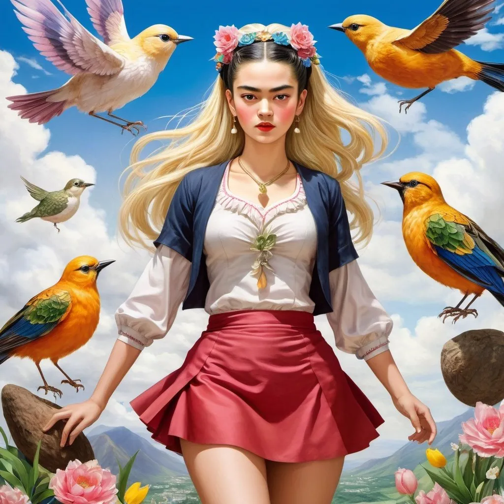 Prompt: Frida Kahlo, Yukari Higa, Surreal, mysterious, strange, fantastical, fantasy, Sci-fi, Japanese anime, Parsifal's Easter, playing in dreams, blonde miniskirt beautiful girl Alice, perfect voluminous body, bird's eye view, detailed masterpiece 