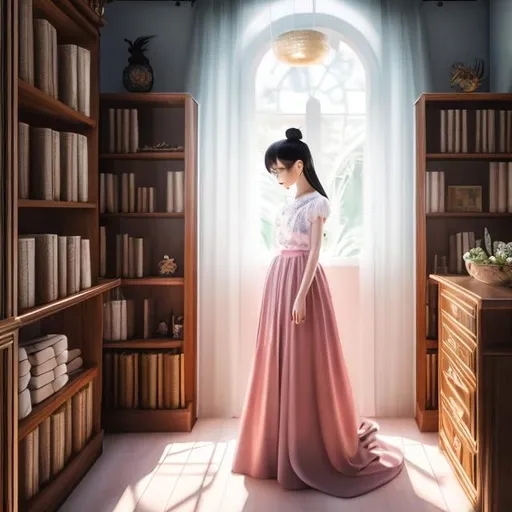 Prompt: Yoko Kamio, Elzbieta Gaudasinska, Surreal, mysterious, bizarre, fantastical, fantasy, Sci-fi, anime, words in the mirror, the secret bathroom hidden behind the wardrobe is actually a beautifully remodeled library, word games, riddles, legends, fairy tales, intellectual language games, miniskirt beautiful girl tells stories, perfect voluminous body, detailed masterpiece 