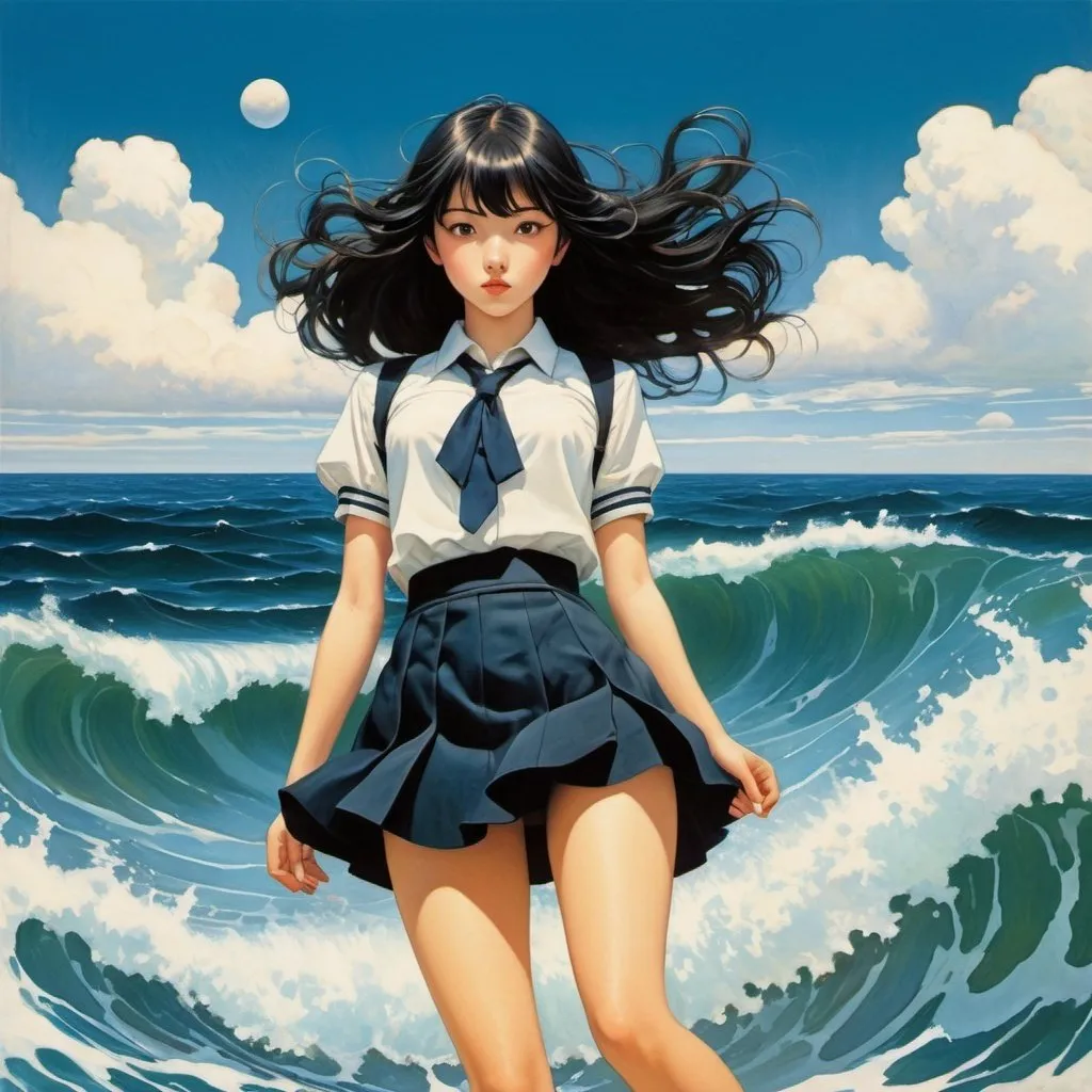 Prompt: Jason Brooks, Mariajo Ilustrajo, Severus Lian, Owen Davey, Koloman moser, Surrealism, wonder, strange, bizarre, fantasy, Sci-fi, Japanese anime, summer music box, natural sea at high tide, beautiful high school girl in miniskirt, perfect voluminous body, detailed masterpiece 