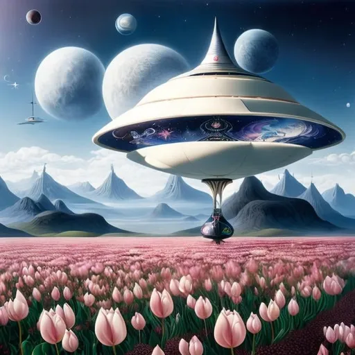 Prompt: Johan Tobias Sergel, Kay Nielsen, Surreal, mysterious, strange, fantastical, fantasy, Sci-fi, Japanese anime, tulip field, beautiful blonde miniskirt girl Alice, perfect voluminous body, small spaceship, detailed masterpiece 