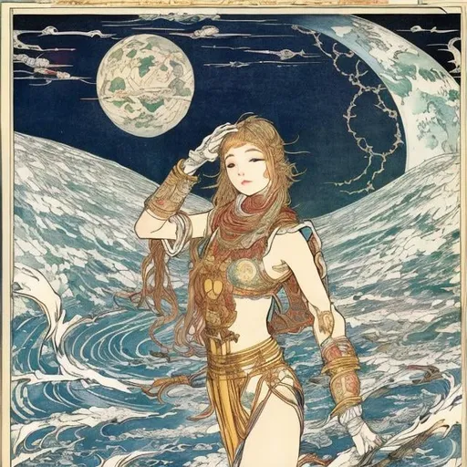 Prompt: Walter Crane, Sulamith Wülfing　Japanese anime Sci-fi Fantasy Girl Sleeps in Satellite Orbit, moon earth