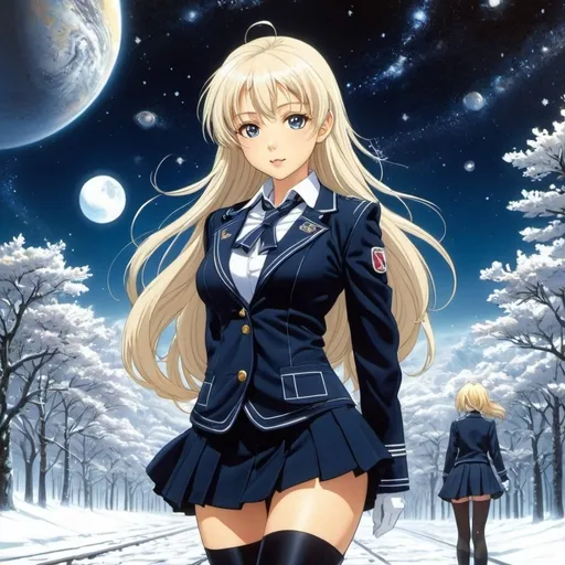 Prompt: Sulamith Wulfing, Tore Deinboll, Chiho Saito, Masakane Yonekura, Johan Vestly, Surrealism Mysterious Weird Fantastic Fantasy Sci-Fi, Japanese Anime, Winter and Galaxy Station, Ore Microscope, Hot Chocolate, MiniSkirt Beautiful High School Girl, perfect voluminous body, detailed masterpiece 